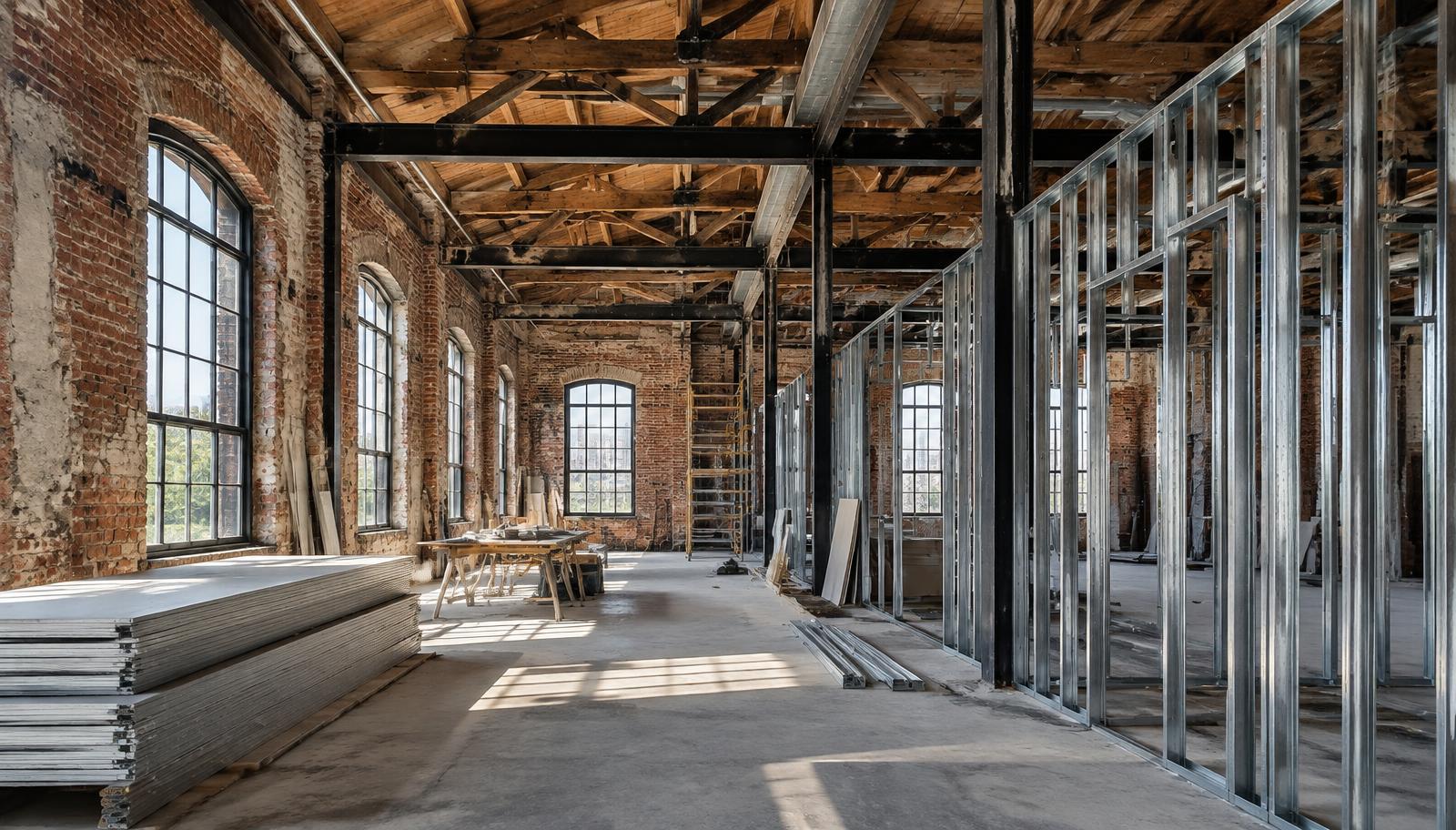 Gutted brick warehouse interior with timber trusses, steel beams and new metal stud framing